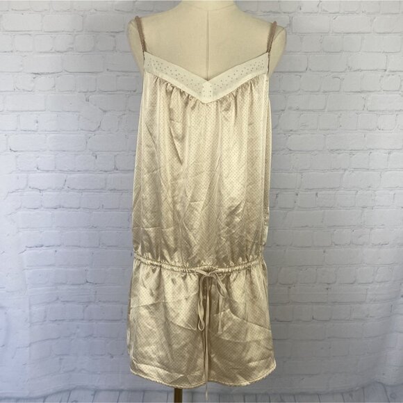 Jennifer Lopez Pants - Jennifer Lopez Y2K Large Tan Polka Dot Satin Drawstring Romper Rhinestones